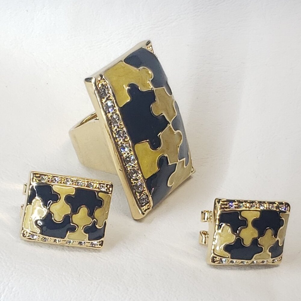 NWT Camille Lucie 🌟 Yellow & Black Puzzle Ring & Earring Set – Size 8